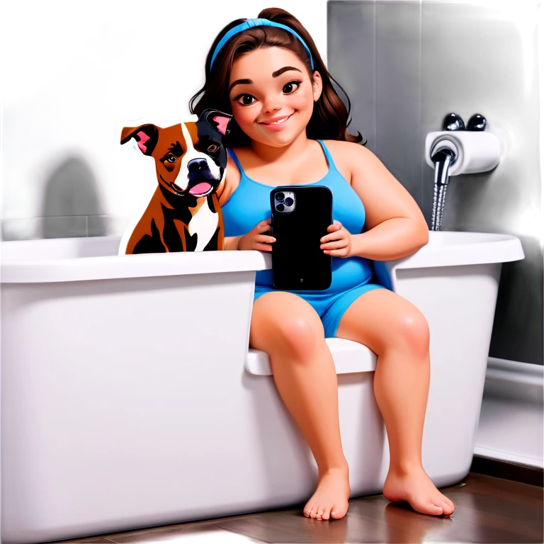 Beautiful young girl just slightly overweight with long dark choppy hair cascading over her shoulders holding her black iPhone with her medium brown dog with an under bath. It looks like a pitbull laying beside her. emoji