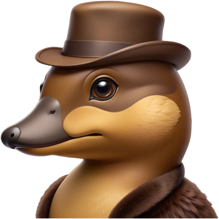 Cinematic Noble Platypus Portrait Emoji, Poised and regal, with a uniquely streamlined build and a sleek brown fur, a distinctive flat duckbill and broad, beaver-like tail, deep-set soulful eyes full of wonder, Simplified yet sharp and sophisticated features, highly detailed, glowing with a soft, dignified glow, high shine, intelligent and enigmatic, stylized with an air of aquatic curiosity, focused and attentive, soft glowing outline, capturing the essence of a watchful and confident oddity, so majestic it feels as though it could glide out of the screen with effortless authority! emoji