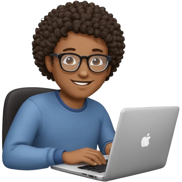 Black man with curly hair and glasses working on a laptop, emoji style emoji