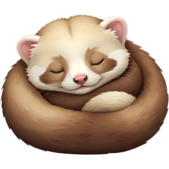Meme-Worthy Cute Sleeping Ferret Portrait Emoji, Head resting peacefully with a contented smile, showcasing a long, flexible body curled up in cozy repose, luxuriously soft fur in warm brown and cream, and eyes gently closed in serene slumber, Simplified yet hilariously adorable features, highly detailed, glowing with a soft, drowsy natural light, high shine, relaxed and utterly lovable, stylized with an air of playful laziness, bright and heartwarming, soft glowing outline, capturing the essence of a sleeping ferret that feels destined to become the next viral sensation of adorable rest! emoji