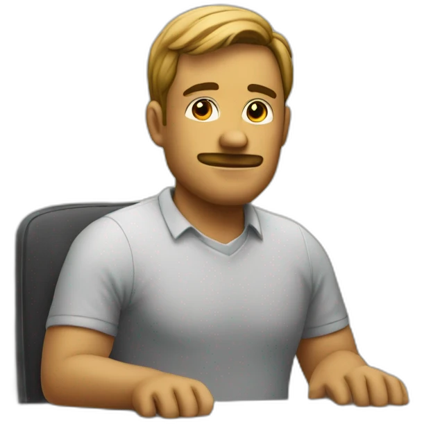 Denis is sitting on the chair near the desk and waiting for going home emoji