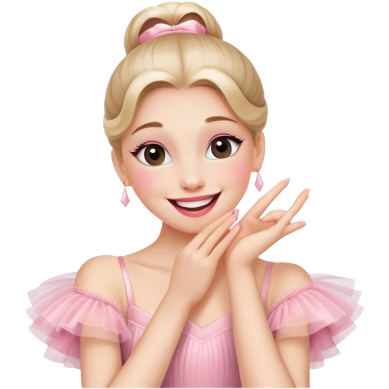 The ballerina laughs sweetly, covering her mouth with her hand emoji