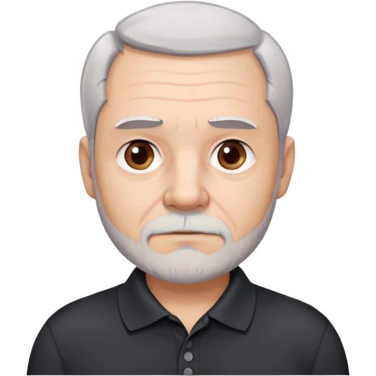 Charismatic older man in his late 50s with light skin, round face with wide features, expressive dark brown eyes, thick slightly arched eyebrows, short white-gray hair with receding hairline, gray scruff beard, neutral-serious expression, wearing black polo shirt emoji