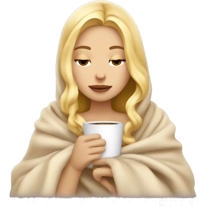 Blonde girl inside a blanket sipping coffee eyes closed emoji