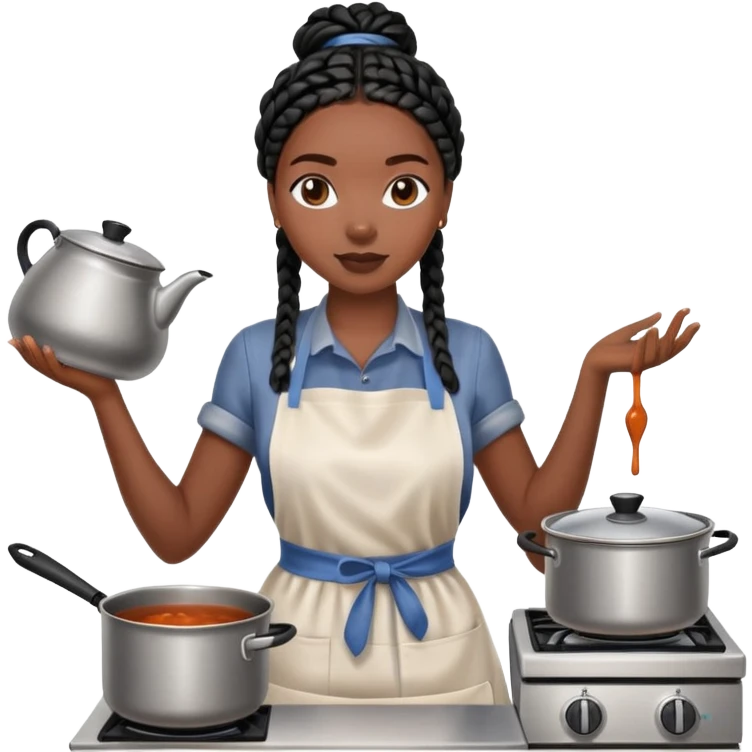 A dark-skinned Black woman with black box braids, wearing an apron, stirring a pot on the stove or holding a plate of food. emoji
