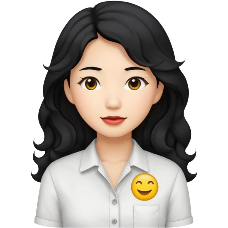 Asian woman, black hair, long permed wavy hair, white button-up shirt, emoji style, flat colors, transparent background. emoji