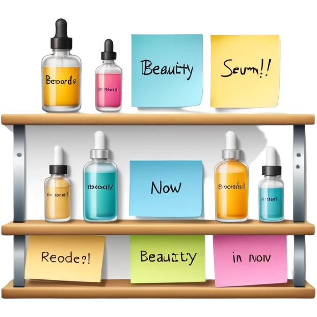 big shelf with one beauty serum, large sticky note with 'reorder now!' text emoji