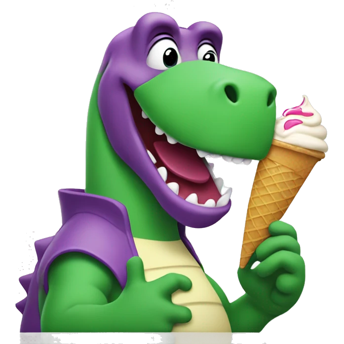 Barney the dinosaur holding a ice cream emoji