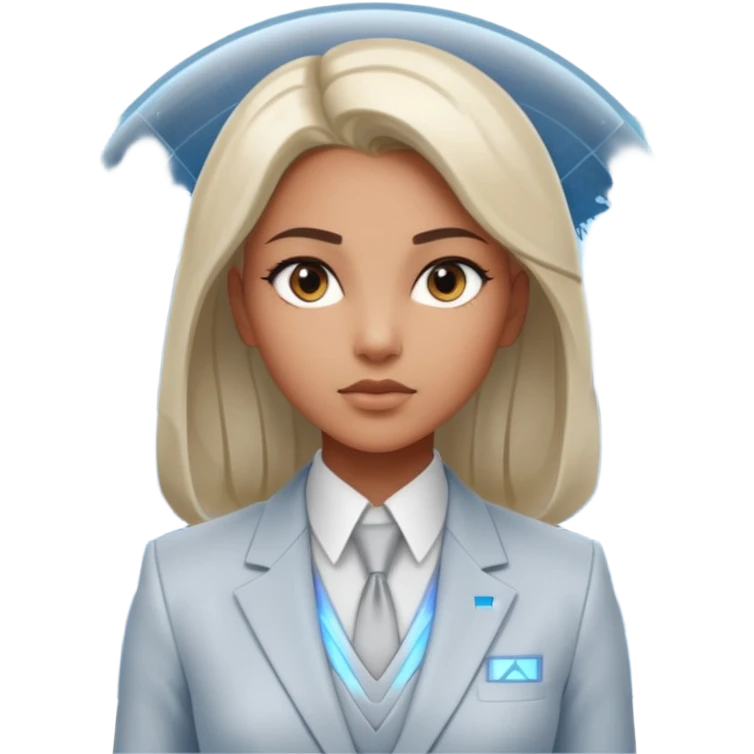 Artemis, A sleek female avatar with a focused, forensic gaze, wearing a minimalist white and silver tailored suit accented with moonlight blue. She is analyzing a transparent holographic interface displaying complex global sovereign credit data. emoji