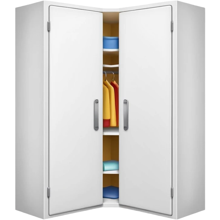 Simple L-shaped corner closet made of smooth white PVC, emoji-style. Two plain doors, one on each side, opening outward like a book from the corner.  emoji