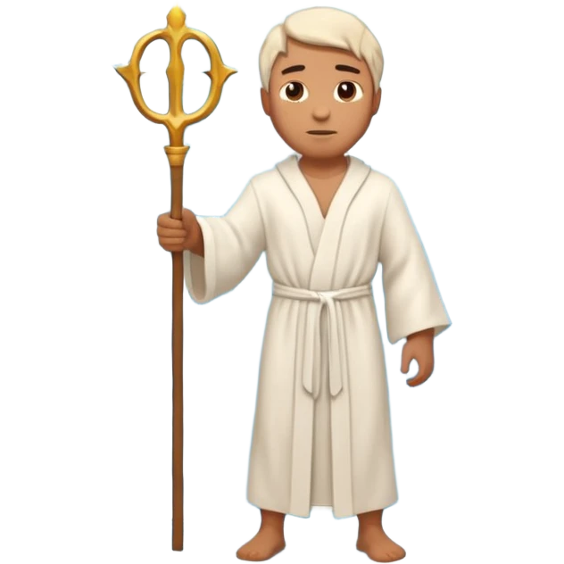 iOS-style 3D emoji: wide blue sea split into two towering water walls, dry path in the middle, Moses standing at the center holding a staff upright emoji