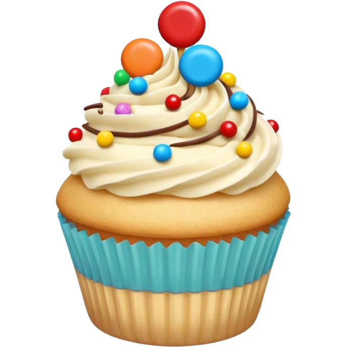 a soft vanilla cupcake with creamy frosting, decorated with scattered small, round, brightly colored candy-coated chocolates on top emoji