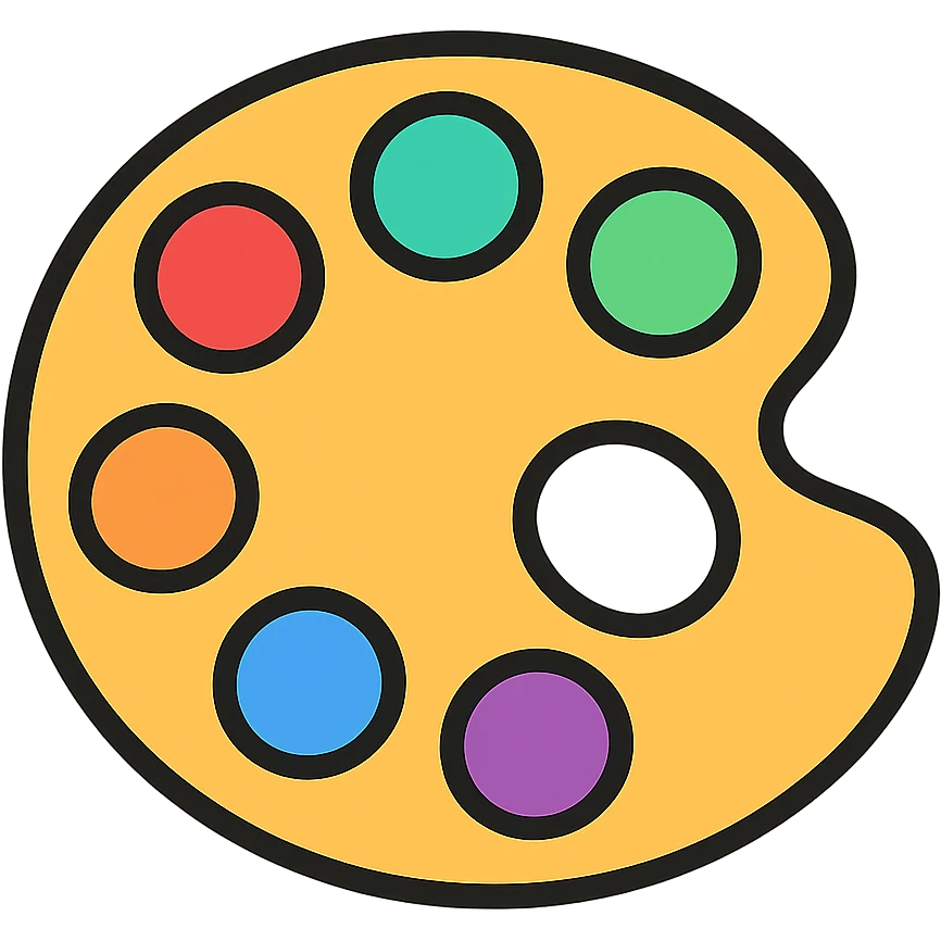 Colorful artist's palette with vibrant paint blobs and a thumb hole. Colorful outlined icon style with transparent background. emoji