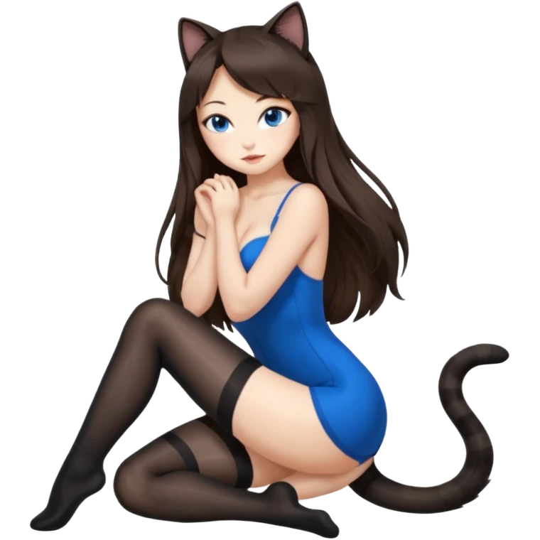 Buxom brunette super long hair intimate sfw blue eyes Asian black nylon stocking pose cat girl emoji