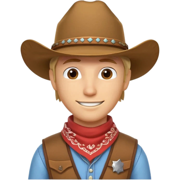 cowboy horse rider portrait, head and shoulders only, cowboy hat, bandana, western outfit collar, confident smile, 3D cartoon, mobile game icon style, clean background, no text, no watermark
 emoji