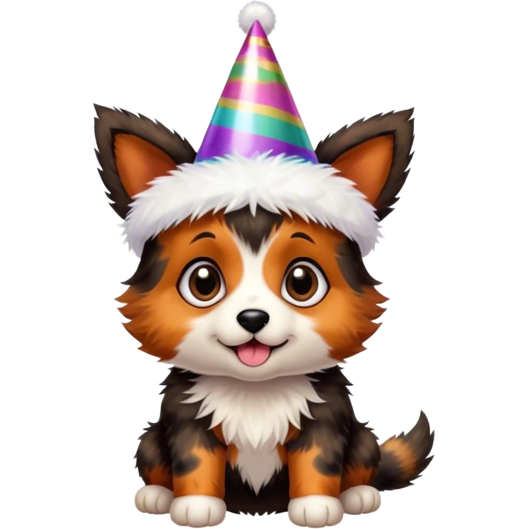 A black and brown tortoiseshell pointy ear puppy without white with pointy ears with party hat emoji
