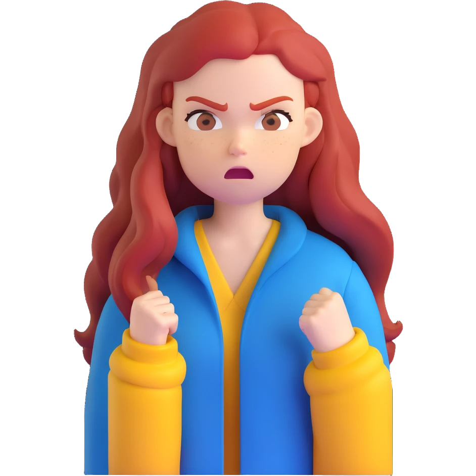 Redhead girl with long hair in blue jacket looking angry emoji