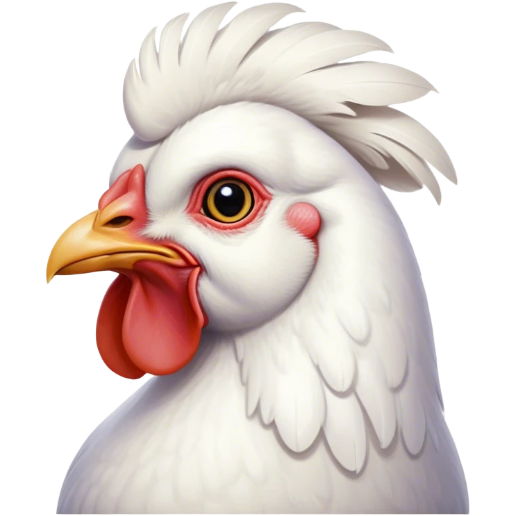 Cinematic Noble White Chicken Portrait Emoji, Poised and regal, with a compact, sturdy build and a pristine, well-groomed pure white plumage, deep-set soulful beady eyes, Simplified yet sharp and sophisticated features, highly detailed, glowing with a soft, dignified glow, high shine, intelligent and alert, stylized with an air of barnyard elegance, focused and attentive, soft glowing outline, capturing the essence of a watchful and confident fowl, so majestic it feels as though it could strut out of the screen with effortless authority! emoji