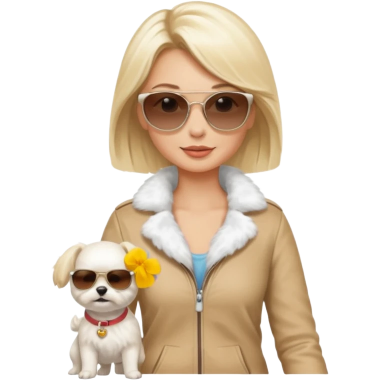 blonde woman, walking a small maltese dog. emoji