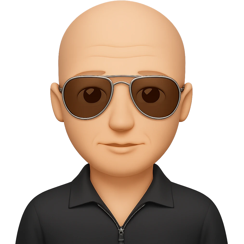 A bald guy wearing aviator sunglasses in the style of apple emojis, with no background, clean and crisp apple emoji style look. emoji
