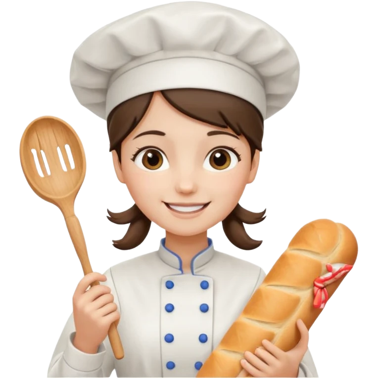 Young female baker - white chef hat, holding cream piping bag and bread emoji