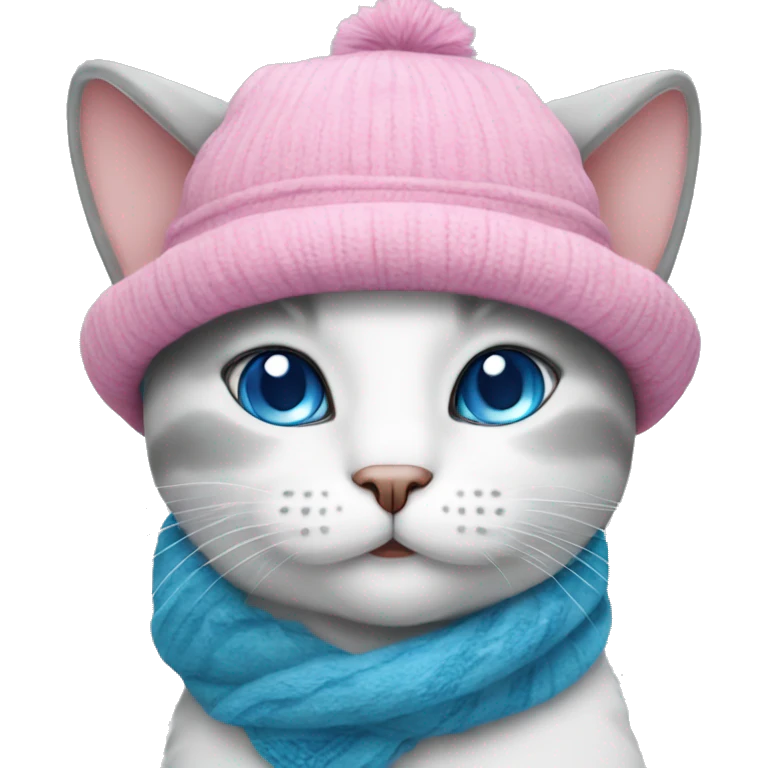 White-grey cat with blue eyes in pink hat and scarf  emoji