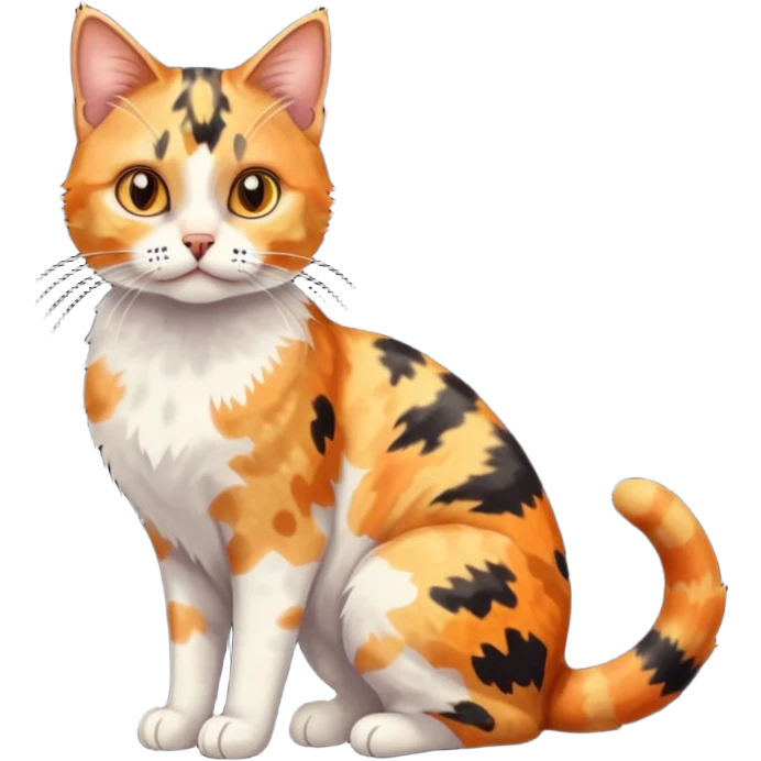 full body anxious looking colourful light calico tabby cat with large patchy patterns emoji