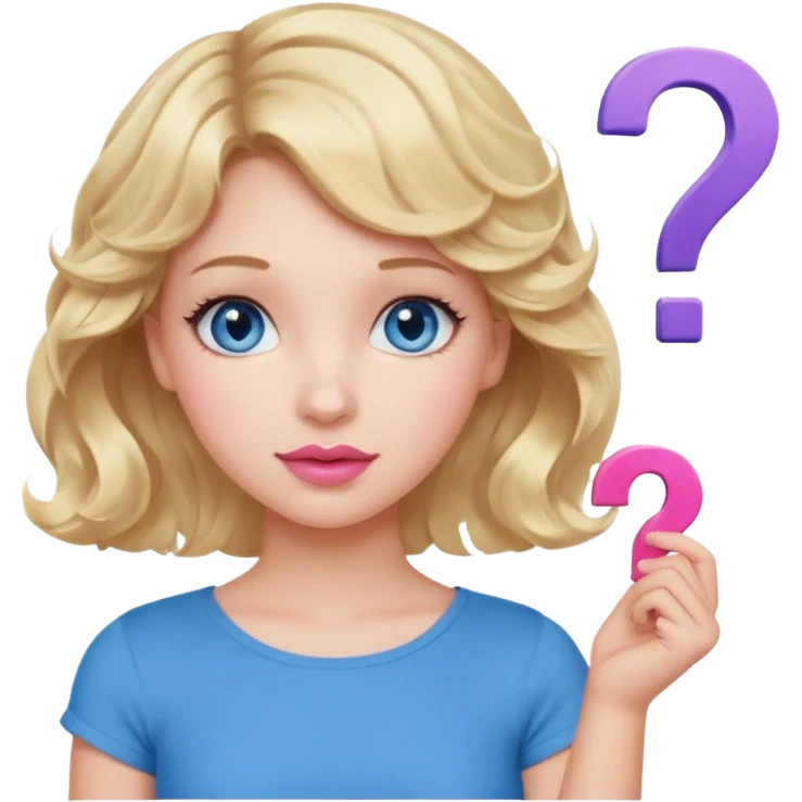 Girl Blonde short wavy hair,  blue eyes, cute blue top, long lashes, pink lips, question mark emoji