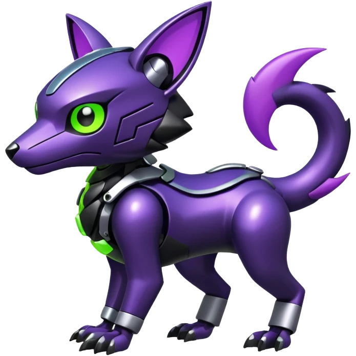 Futuristic modern mechanical badass cool shiny metallic alloy black-obsidian purple neon-green white lime animal hybrid Fakemon full body emoji