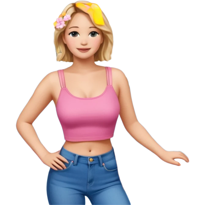 jennifer lawrence, pink crop top, and blue jeans, leaning on a balcony with a harbor and cityscape in the background, smiling emoji