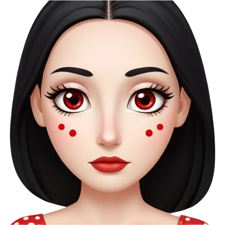 White girl with long oval shaped face, large almond shaped eyes with long eyelashes, long straight black hair falling in front of her bare shoulders, face closeup, with red and white gopi dots decorating her forehead above eyebrows emoji