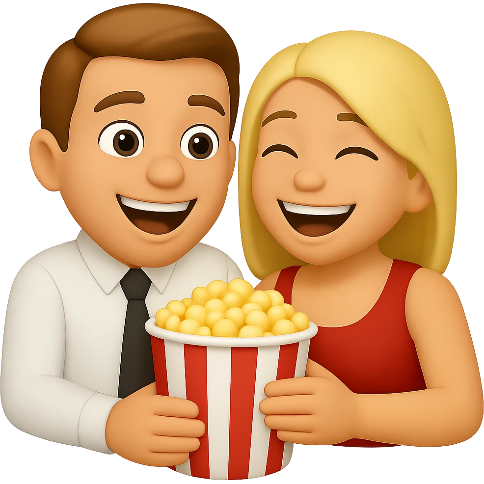 Two emoji characters watching a movie together, sitting side by side with popcorn, looking at a screen, joyful expressions, transparent background. emoji