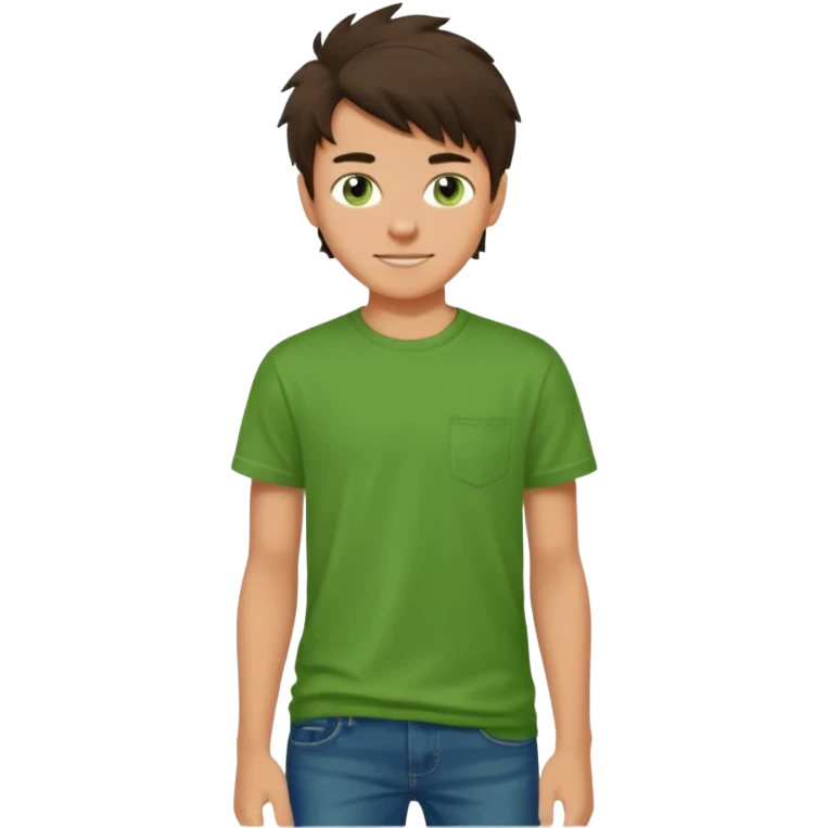 A 14 yerar old teenage boy, slightly tanned, wearing a green t-shirt , blue jeans and green sneakers with dark brown tousled hair, smirking emoji