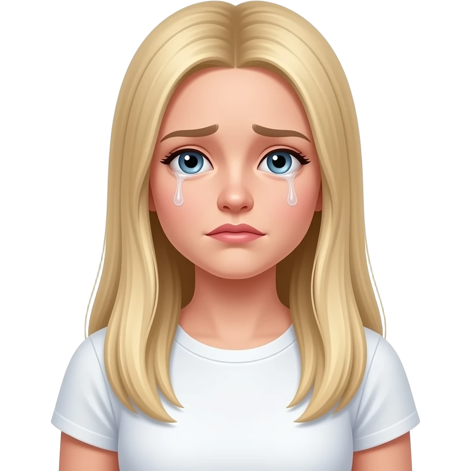 bella ragazza russa bionda capelli lisci lunghi e occhi chiari, con maglietta bianca e piange emoji