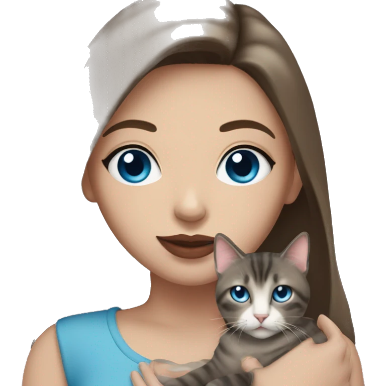 Woman with dark long hair, pink lips and blue eyes holding a tabby cat  emoji