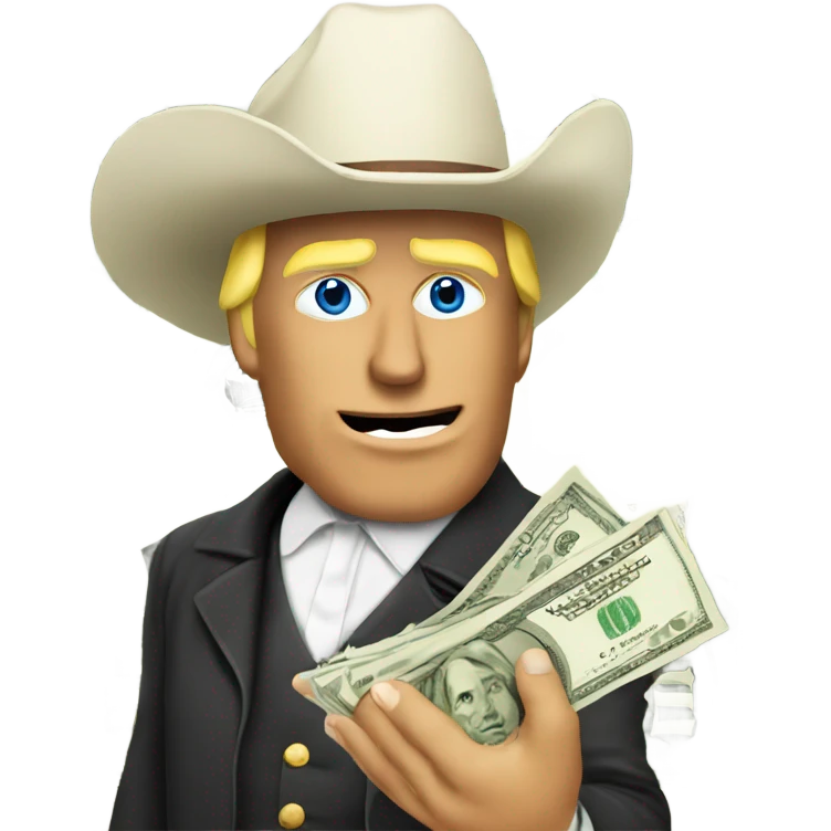 Trump wears cowboy hat holding many dollars on his hand emoji