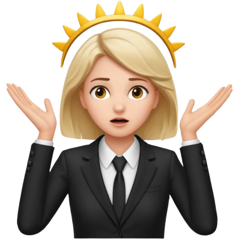white girl in formal suit surprised, hands on head emoji