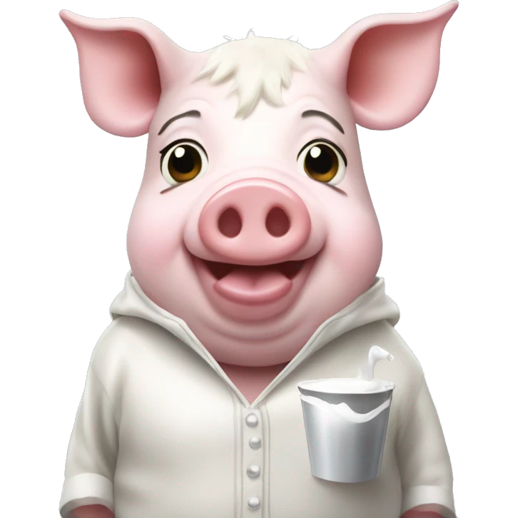 Piggie in cow's costume with pocket of milk emoji