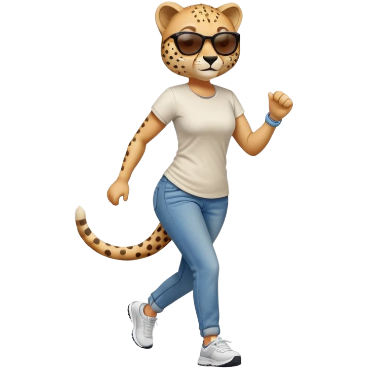 friendly anthropomorphised female cheetah in jeans and t-shirt, wearing dark sunglasses, jogging upright in standard pose emoji