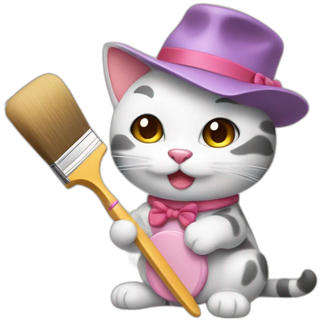 Kawaii cat artist in hat holding palette and brush so it can be used as a mouse cursor emoji