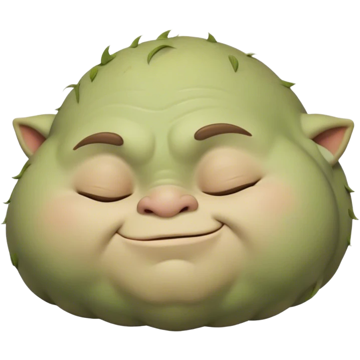 Meme-Worthy Cute Sleeping Ogre Portrait Emoji, with a surprisingly endearing, plump figure in soft earthy greens and browns, head drooping gently with closed, relaxed eyes and a content, sleepy grin, simplified yet adorably detailed, glowing with a soft warm outline that captures the peaceful slumber of a friendly ogre after a day of gentle mischief! emoji