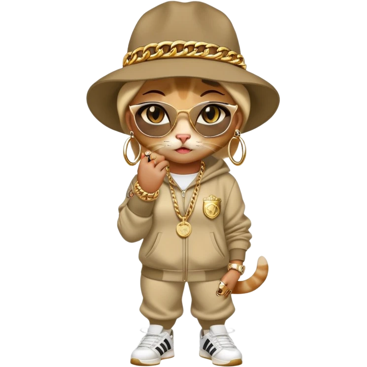 female cat wearing Run DMC hip-hop outfit with tracksuit, fedora, Adidas sneakers, many gold chains, rings, bracelets, flashy earrings, whispering to a friend, no sunglasses emoji