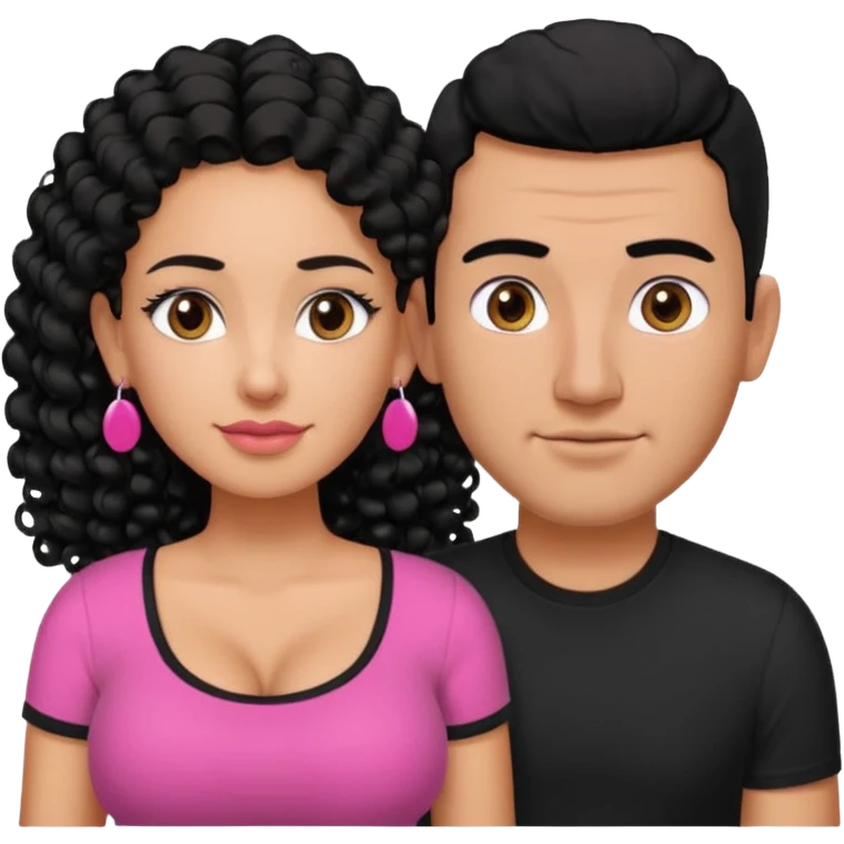 A picture if a couple. the man is a Mexican man with tanned skin, black hair, a bald hair cut, short boxed beard, and wearing a black shirt. the woman is mixed with black and white, with curly long hair, stud earrings,  wearing a pink shirt and with big boobs emoji