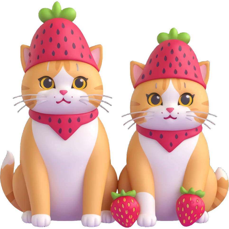 Two cats in a sitting position next to one another, each donning a strawberry hat emoji