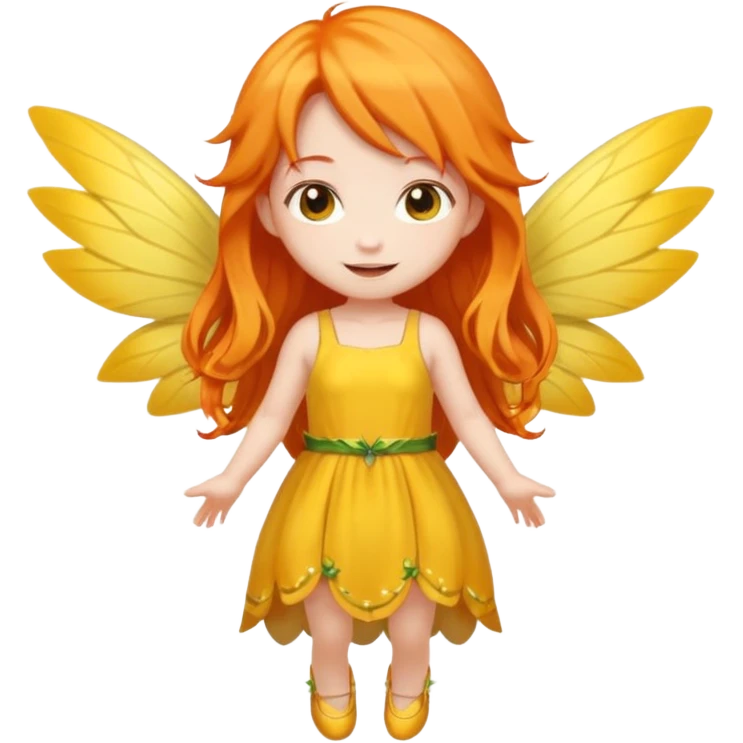 fairy with long orange hair, yellow wings, yellow dress, happy, chibi full body emoji