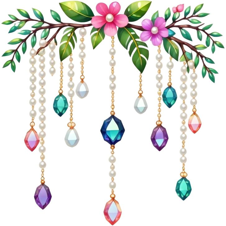 Exotic colorful romantic Few cute tiny Iridescent glistening glossy sparkly shiny glittery hanging crystals pearls and beads and gemstones scenery scenic decorations with branches and flowers emoji