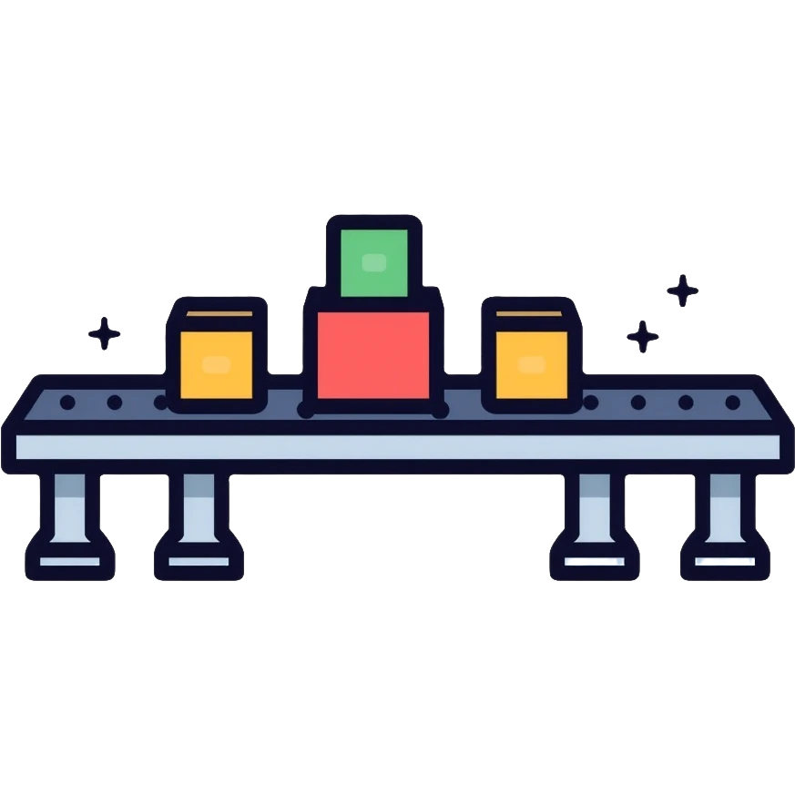 Conveyor belt system moving small cubes in sequence, automation concept emoji
