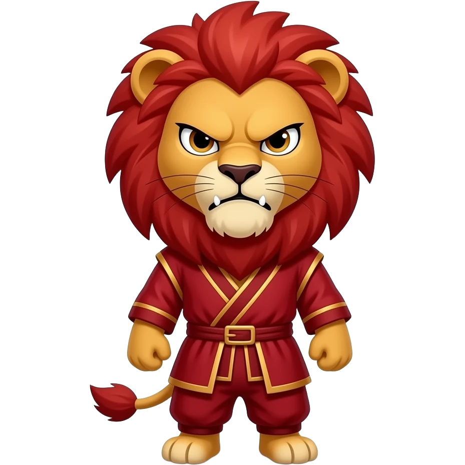 A little red lion shaped like a human, dressed head to toe in red, looking at us with a very angry expression. emoji