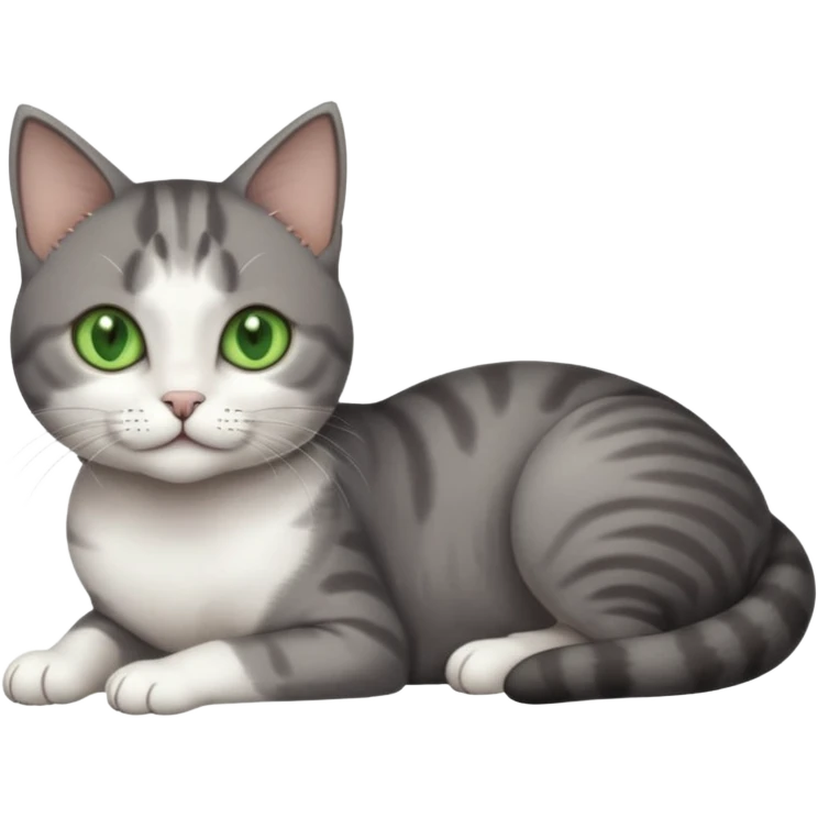 full body tiny short hair dark grey and white cat with white front legs and green  eyes lying down emoji