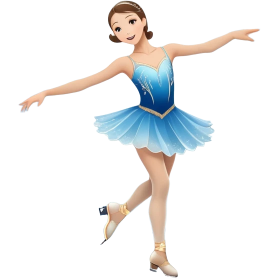 An icon showing a graceful figure skater mid-spin on a sparkling ice rink, wearing an elegant costume. The background features festive arena lights, snowflakes, and cheering spectators. Transparent background captures the beauty, artistry, and elegance of figure skating. emoji